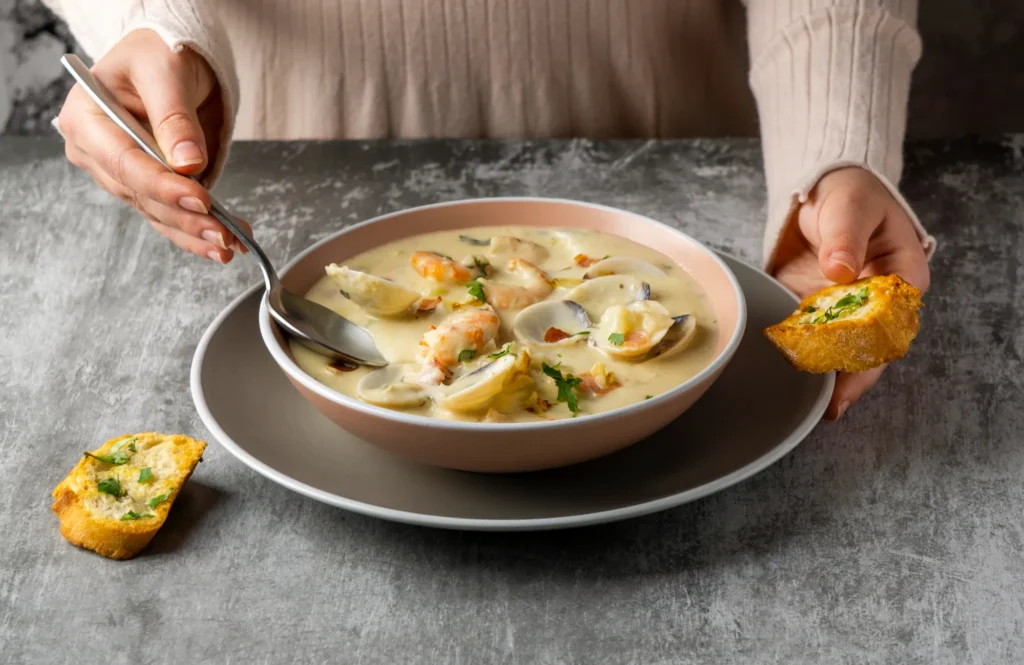 A creamy bowl of langostino mushroom sour cream gravy served with garlic bread, perfect for pasta or mashed potatoes.