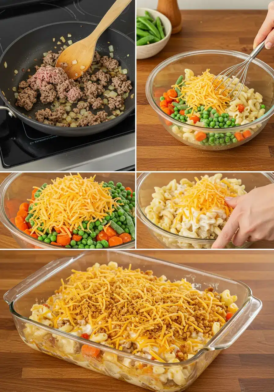 A collage of four step-by-step photos showing ground meat browning with onions, mixed vegetables and pasta being combined with soup, shredded cheese being added, and a casserole topped with cheese and crumbs.