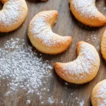 Crescent-shaped moon spell cookies dusted with powdered sugar on a rustic wooden surface.