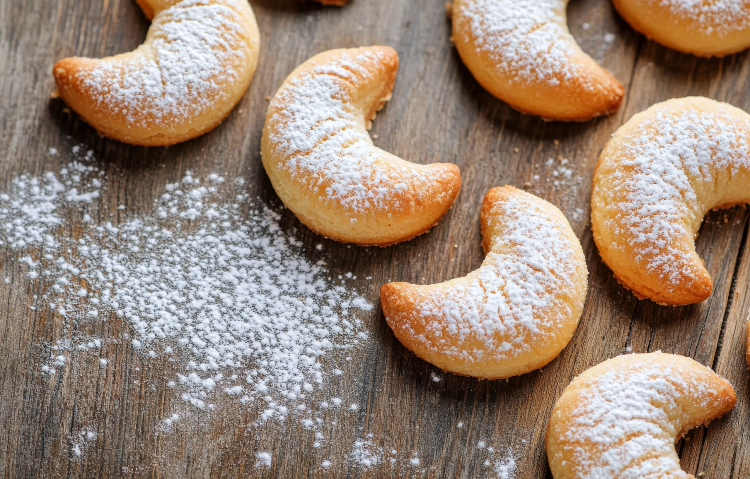 Crescent-shaped moon spell cookies dusted with powdered sugar on a rustic wooden surface.