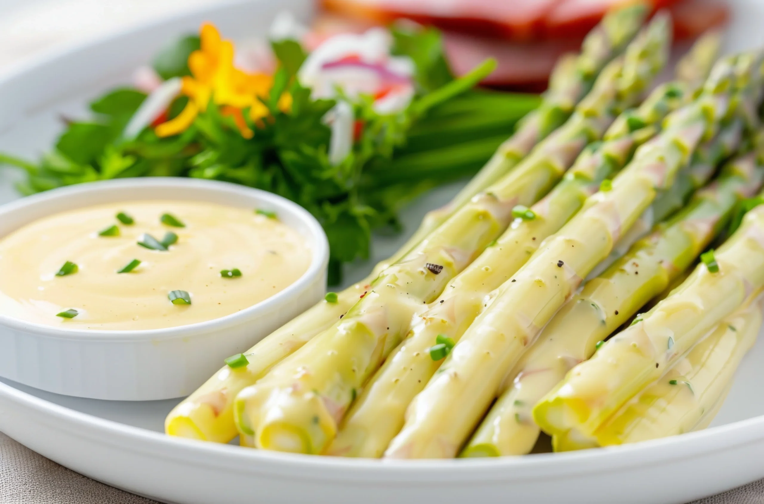 White asparagus with Hollandaise sauce served with a fresh salad, showcasing traditional German asparagus recipes.