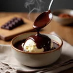 Rich Black Label Chocolate Sauce being poured from a spoon onto vanilla ice cream in a rustic bowl, with steam rising and chocolate in the background.