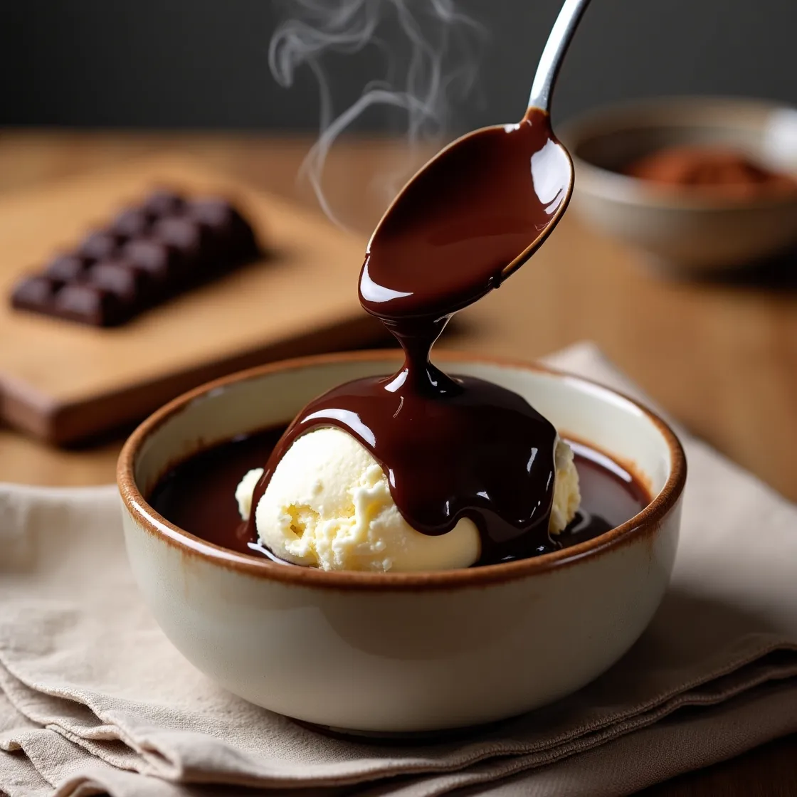Rich Black Label Chocolate Sauce being poured from a spoon onto vanilla ice cream in a rustic bowl, with steam rising and chocolate in the background.