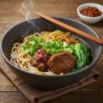 A steaming bowl of Taipei cuisine Quincy beef noodle soup with braised beef, wheat noodles, and rich broth, garnished with scallions, cilantro, and chili oil.