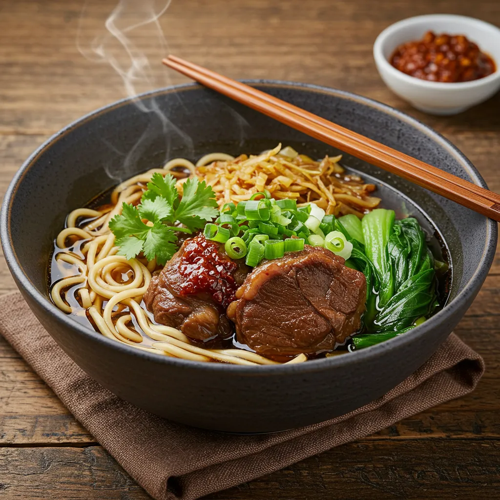 A steaming bowl of Taipei cuisine Quincy beef noodle soup with braised beef, wheat noodles, and rich broth, garnished with scallions, cilantro, and chili oil.