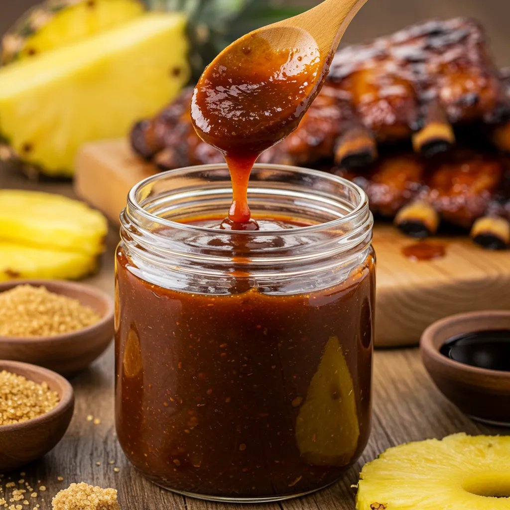 A jar of homemade Hawaiian BBQ sauce with a wooden spoon dripping thick, glossy sauce. Surrounded by pineapple slices, brown sugar, and grilled ribs.