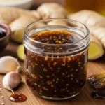 A jar of homemade soyaki sauce with sesame seeds, garlic, and ginger, surrounded by fresh ingredients on a wooden surface.