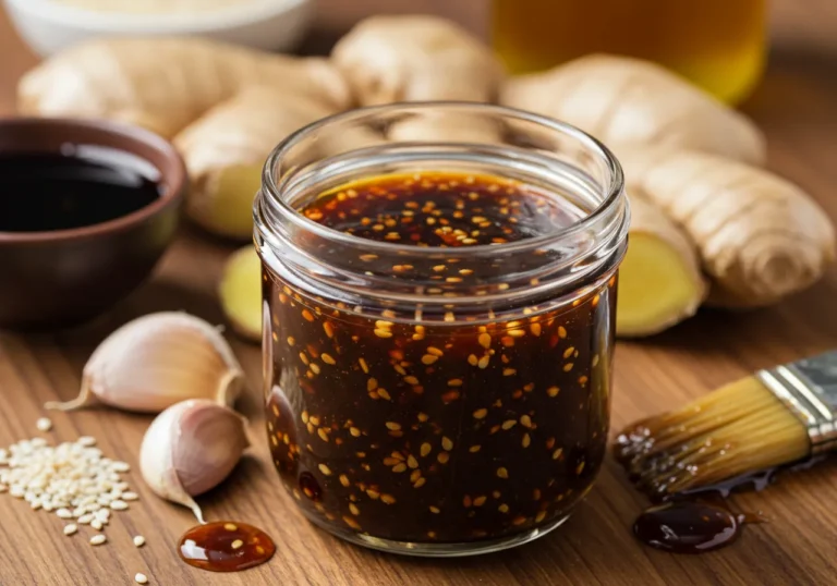 A jar of homemade soyaki sauce with sesame seeds, garlic, and ginger, surrounded by fresh ingredients on a wooden surface.