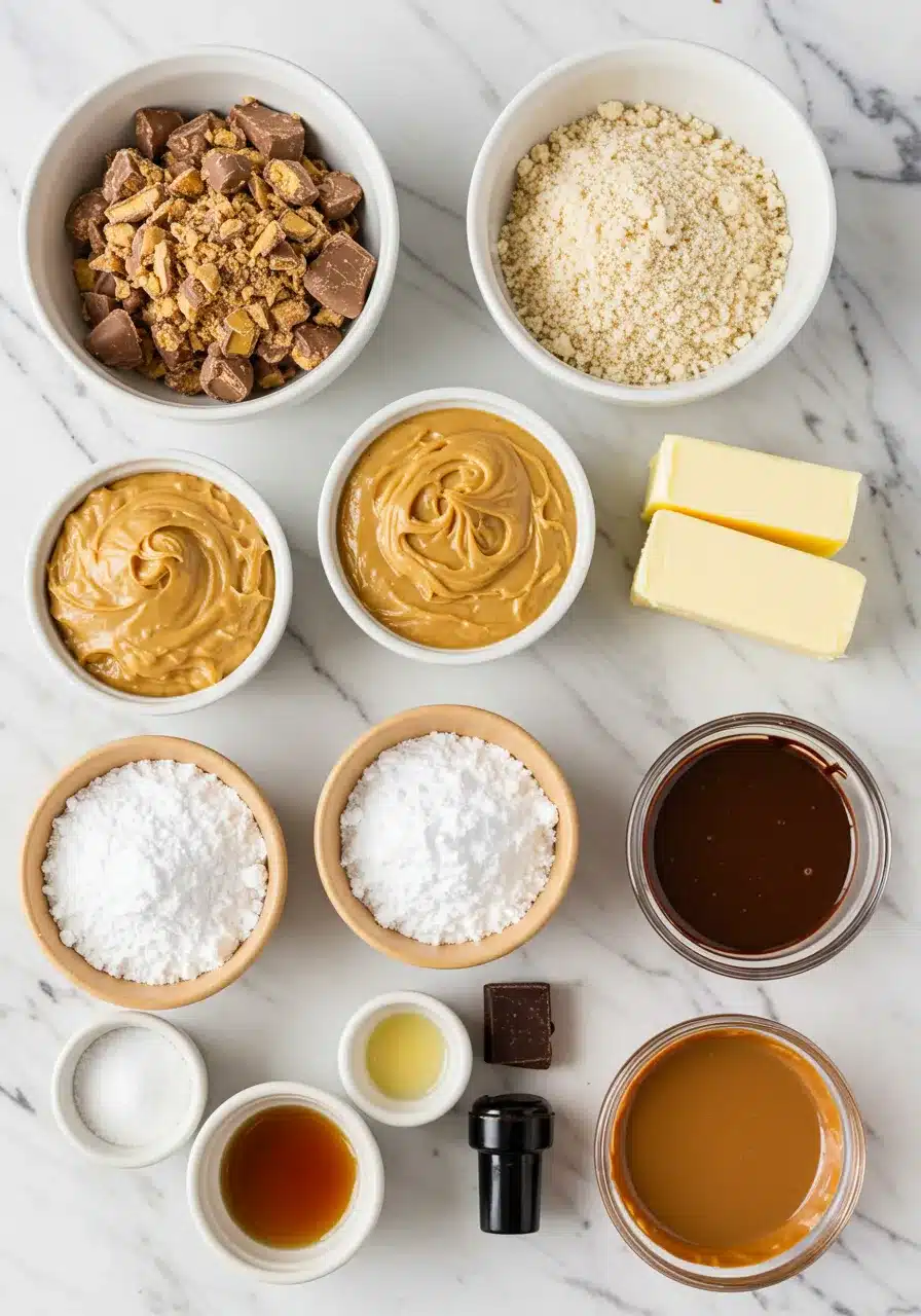 Key ingredients for Butterfinger Balls Recipe, including peanut butter, crushed Butterfinger candy, powdered sugar, melted chocolate, and butter, neatly arranged on a countertop.