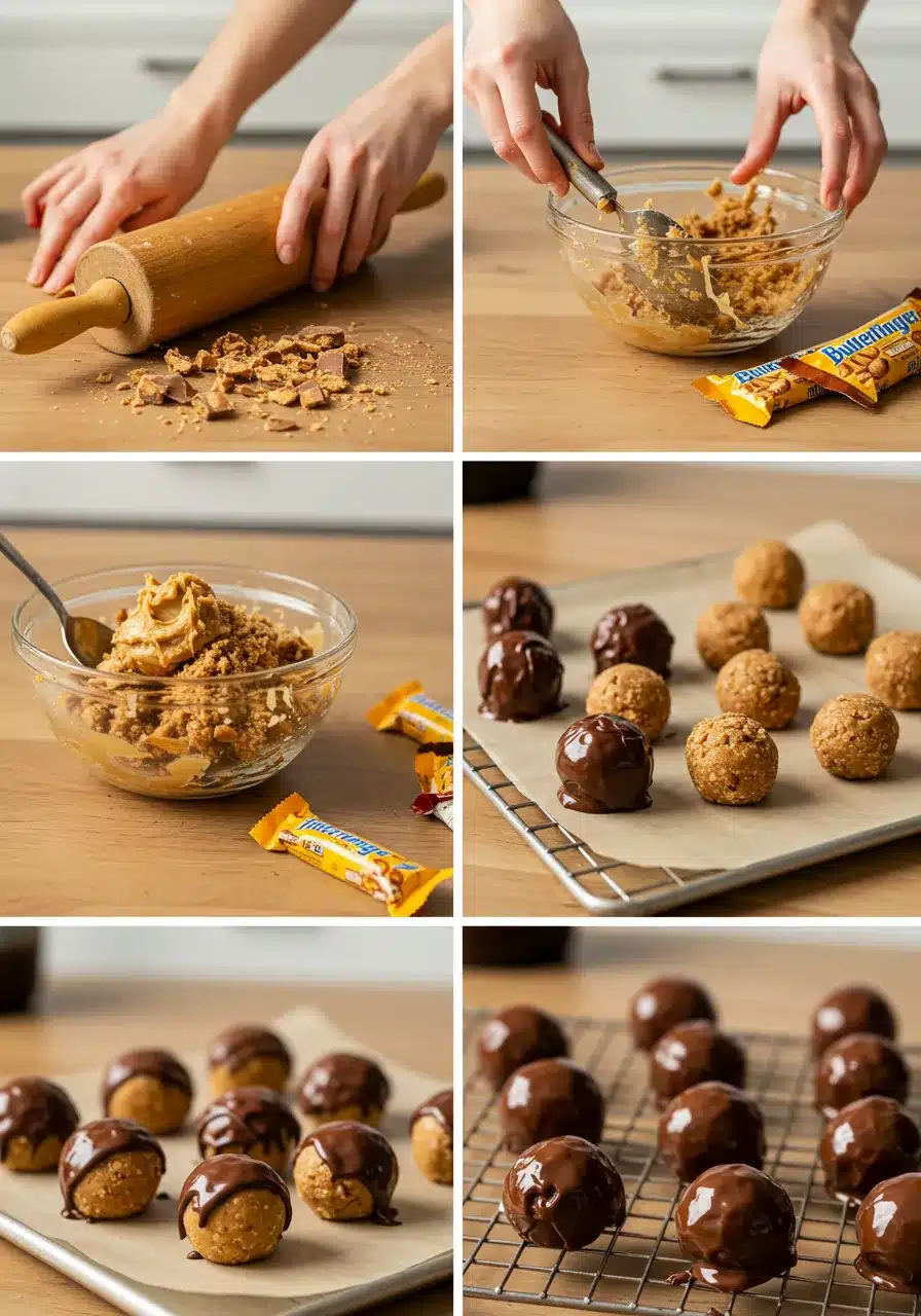 A collage showing the dessert-making process—crushing candy, mixing ingredients, rolling dough into small balls, and dipping them in melted chocolate.
