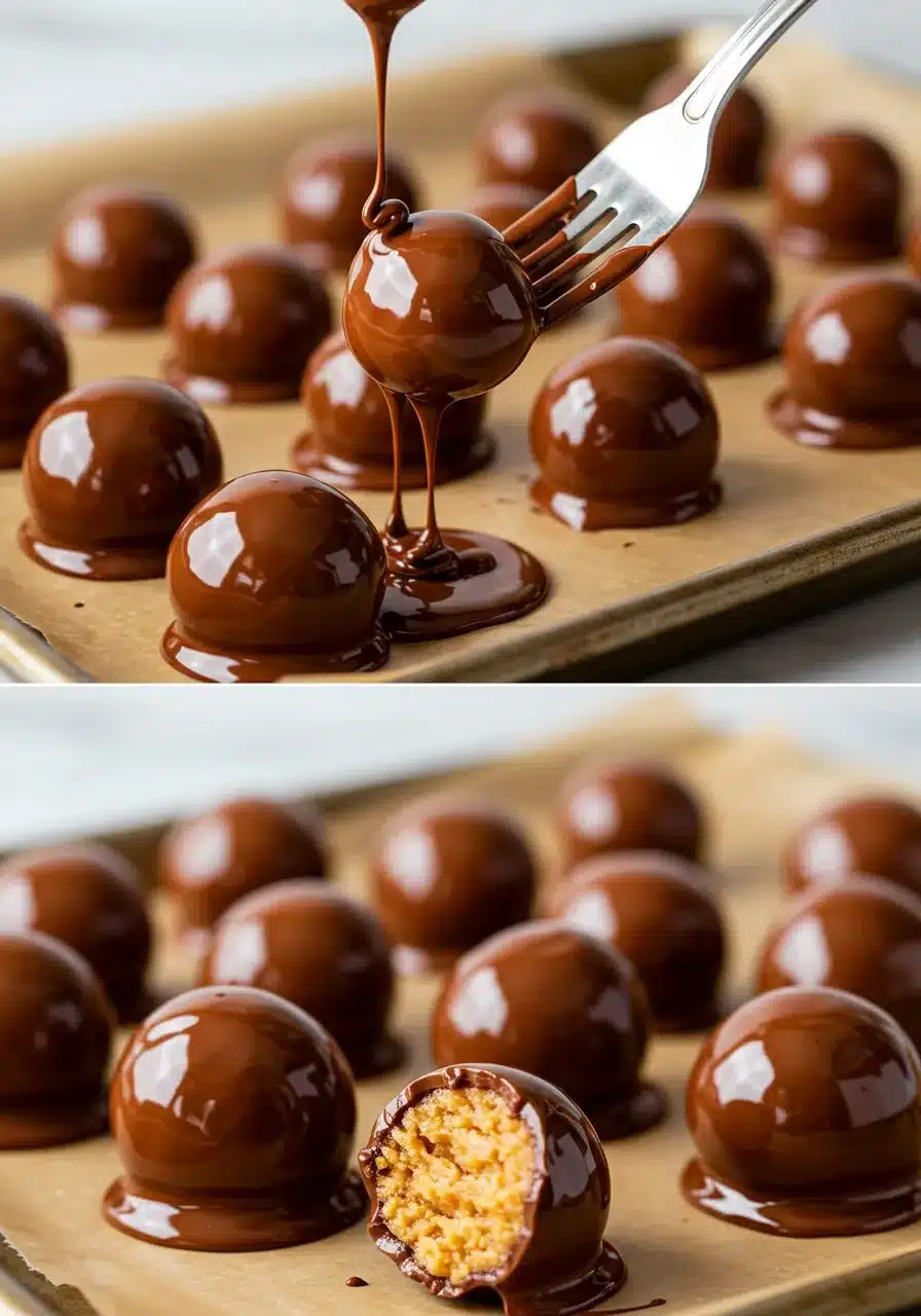 A fork lifting a round dessert ball coated in silky melted chocolate, with excess chocolate dripping onto a parchment-lined tray. A cross-section reveals a creamy, crunchy filling.