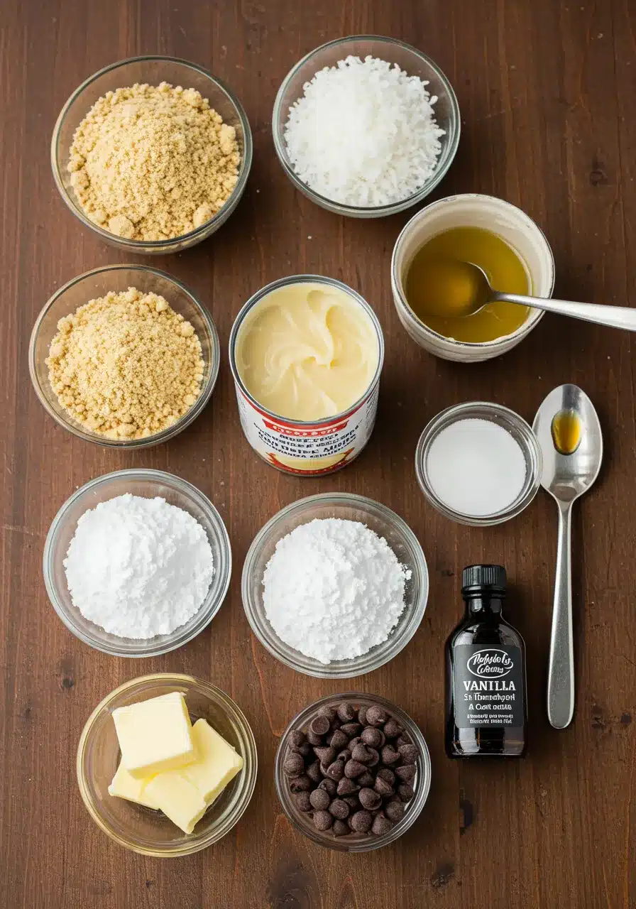 Ingredients for moose farts recipe, including graham cracker crumbs, shredded coconut, condensed milk, butter, and vanilla extract.