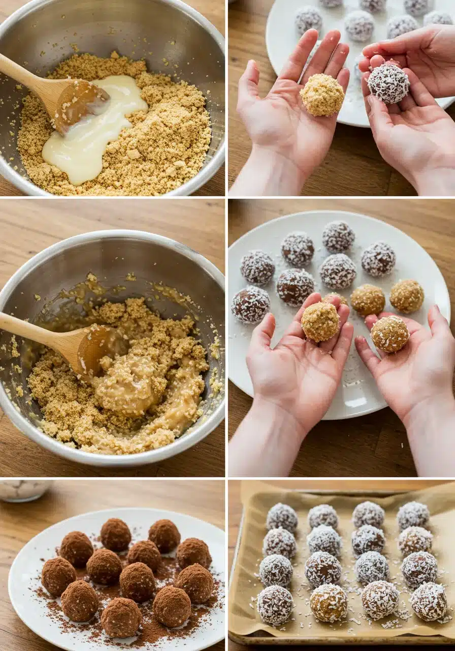 Step-by-step process of making no-bake coconut dessert balls, from mixing to rolling and coating.