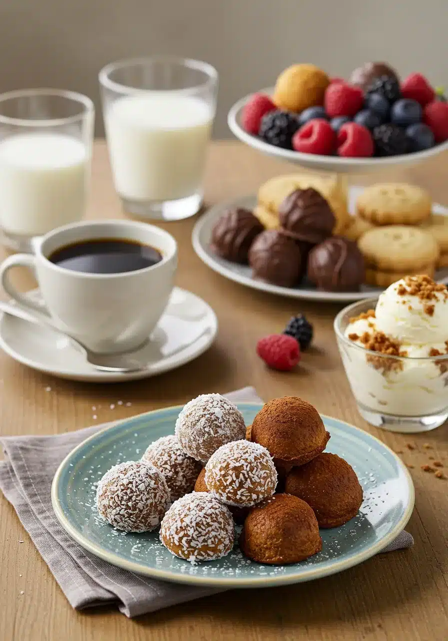 A plate of no-bake coconut treats and cocoa-coated dessert bites, served with coffee, milk, and a selection of sweets.