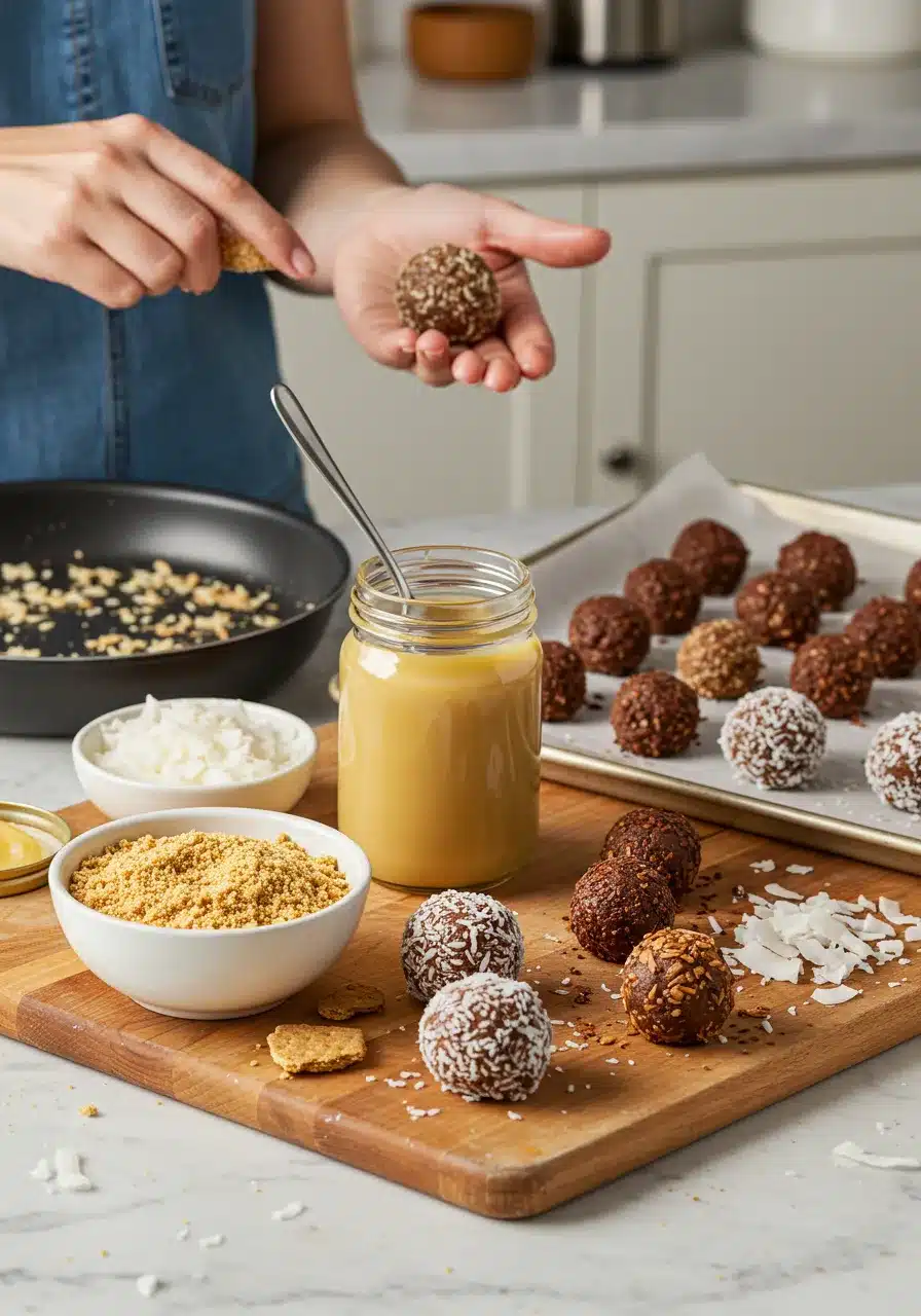 A person shaping homemade no-bake dessert balls, coated in coconut and chocolate, with ingredients on a wooden board.