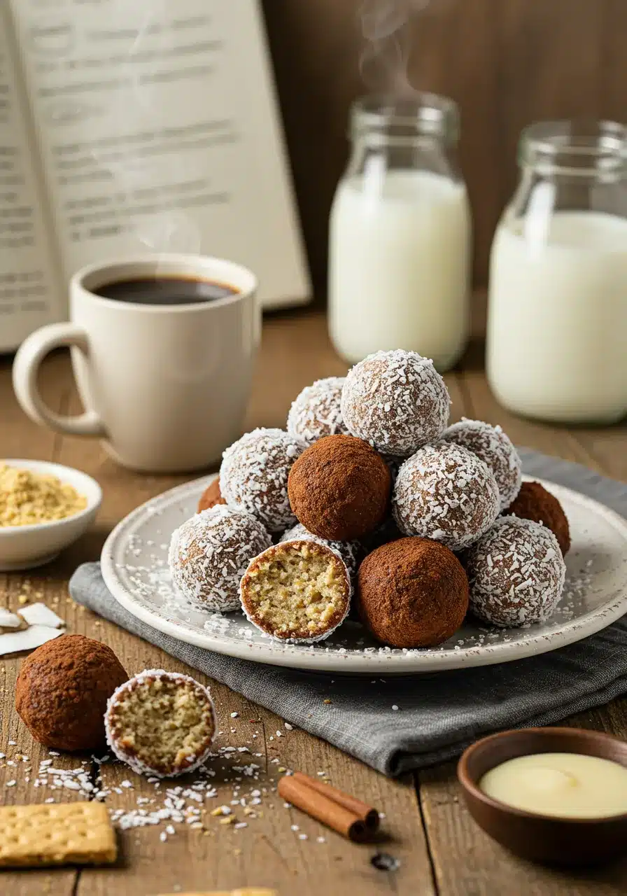 A plate of homemade no-bake dessert balls coated in coconut and cocoa, served with coffee and milk.