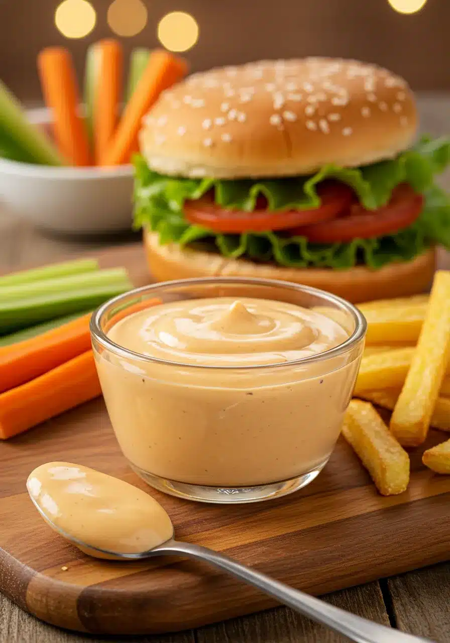A bowl of creamy signature sauce with a spoon, served with fries, vegetable sticks, and a fresh burger in the background.