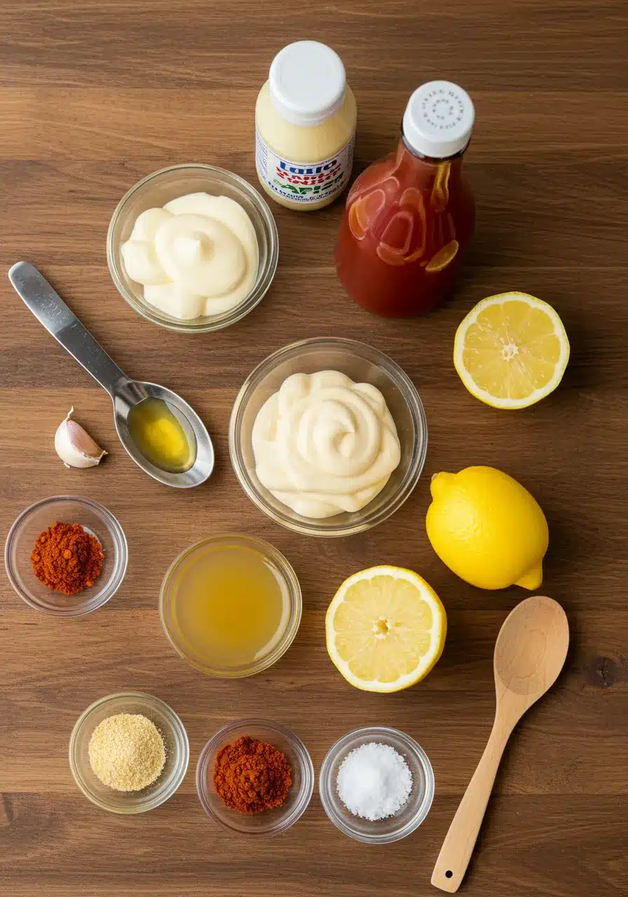 Ingredients for homemade house sauce, including mayonnaise, ketchup, lemon, garlic, spices, and seasoning, arranged on a wooden surface.