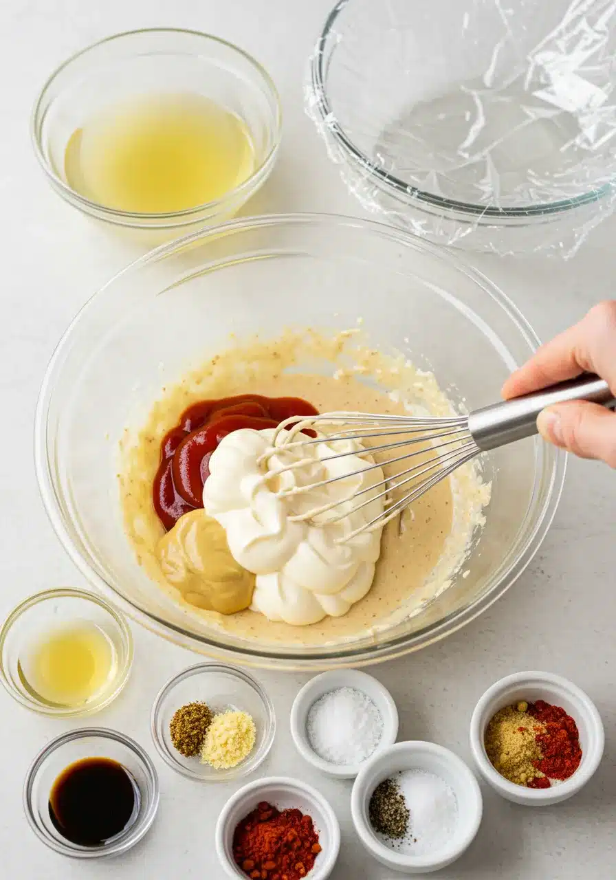 Mixing ingredients for a homemade signature sauce, including mayonnaise, ketchup, lemon, garlic, and spices, on a wooden surface.