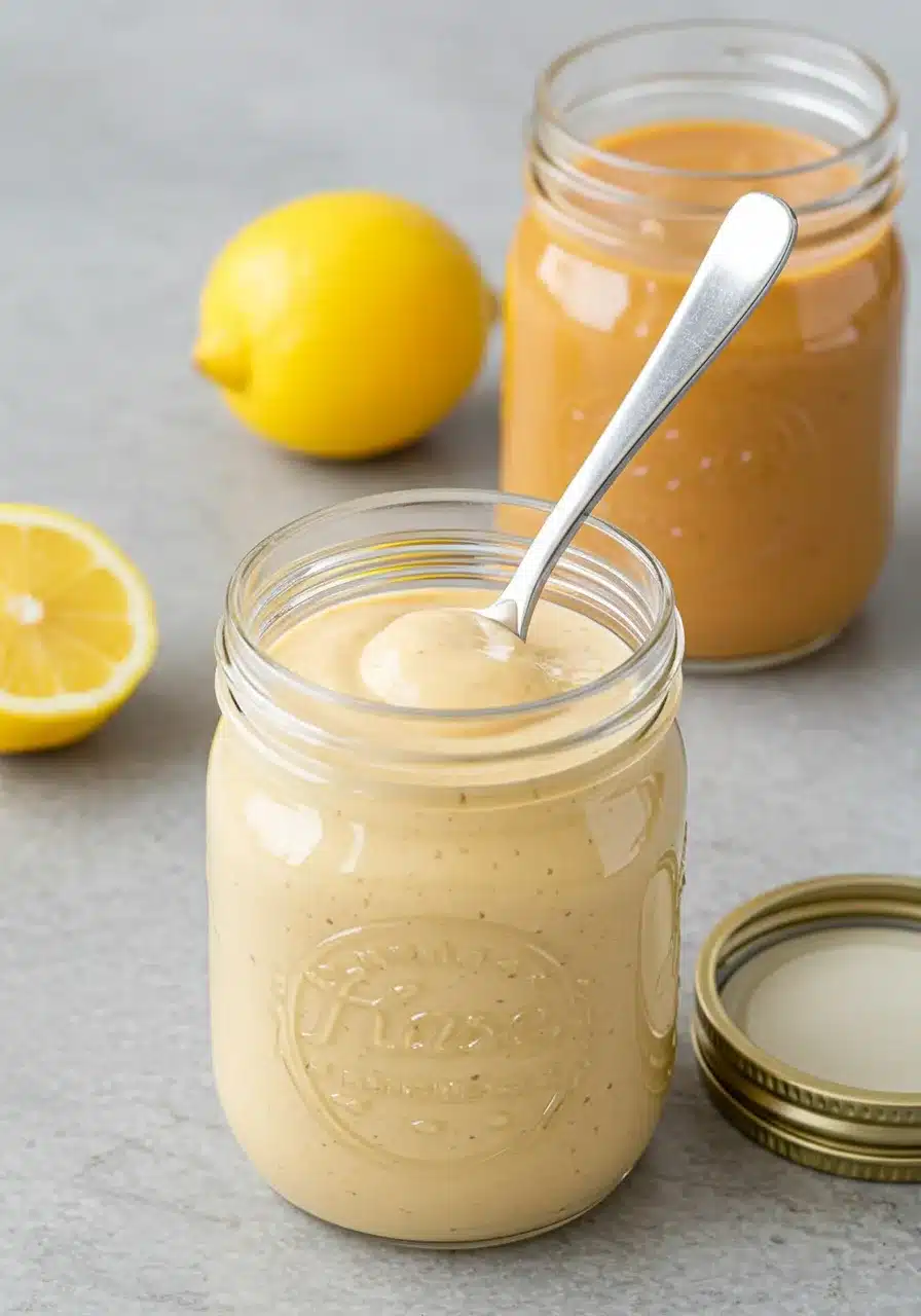 Creamy homemade dipping sauce in a mason jar with a spoon, with lemons and another jar of sauce in the background.