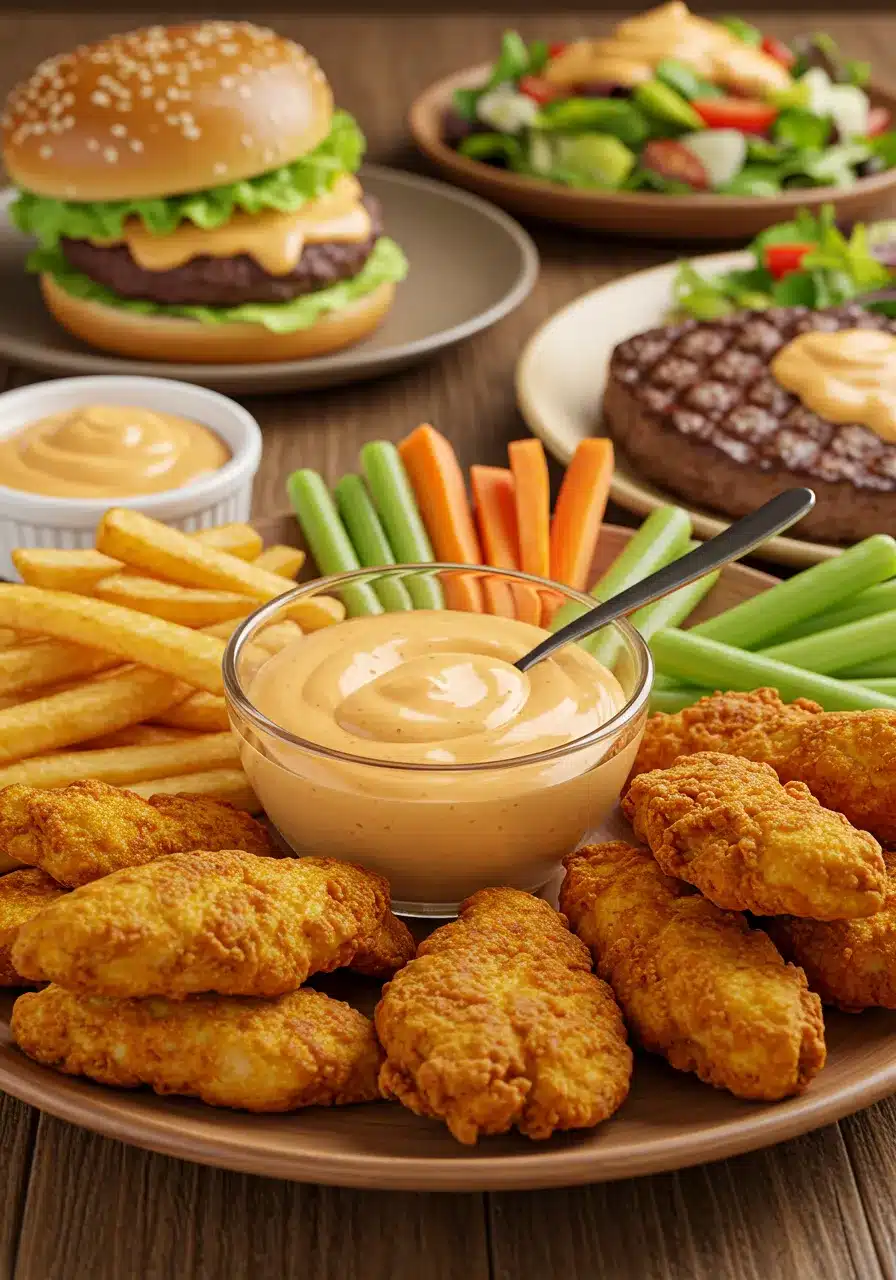 A bowl of creamy house sauce surrounded by crispy chicken tenders, fries, vegetable sticks, a burger, and a grilled steak with sauce.