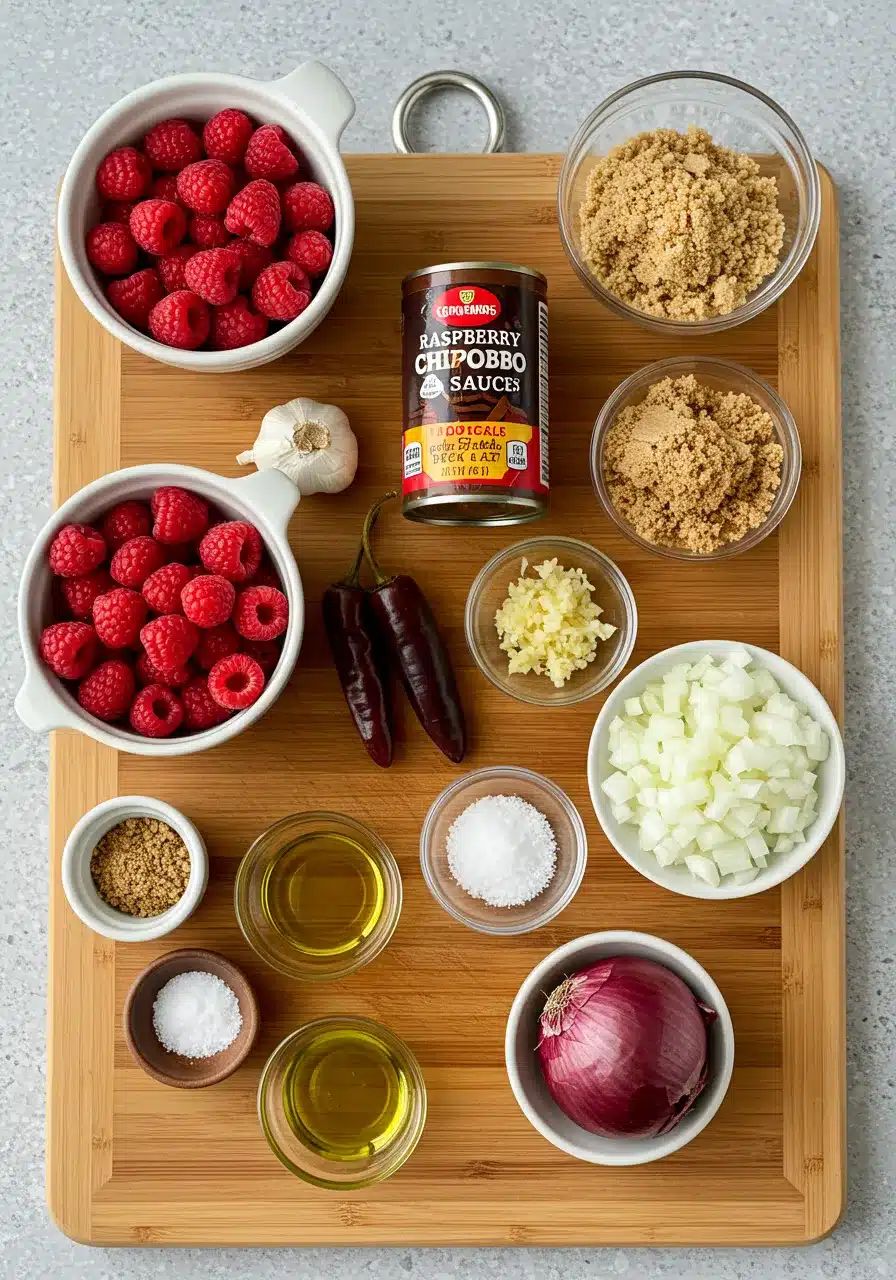 Fresh ingredients including raspberries, chipotle peppers, brown sugar, and spices, arranged on a wooden board.