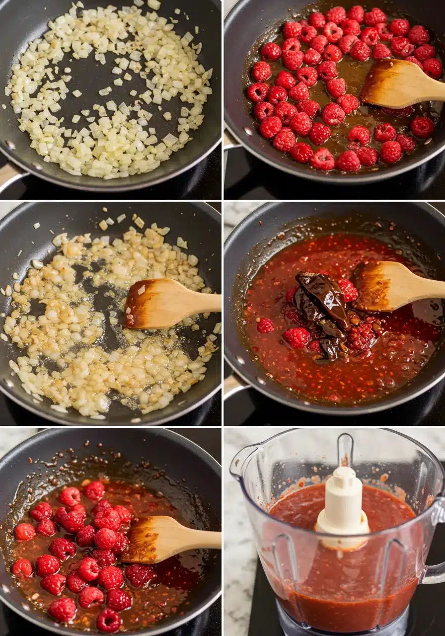 A step-by-step process of sautéing onions, adding raspberries, and blending sauce.