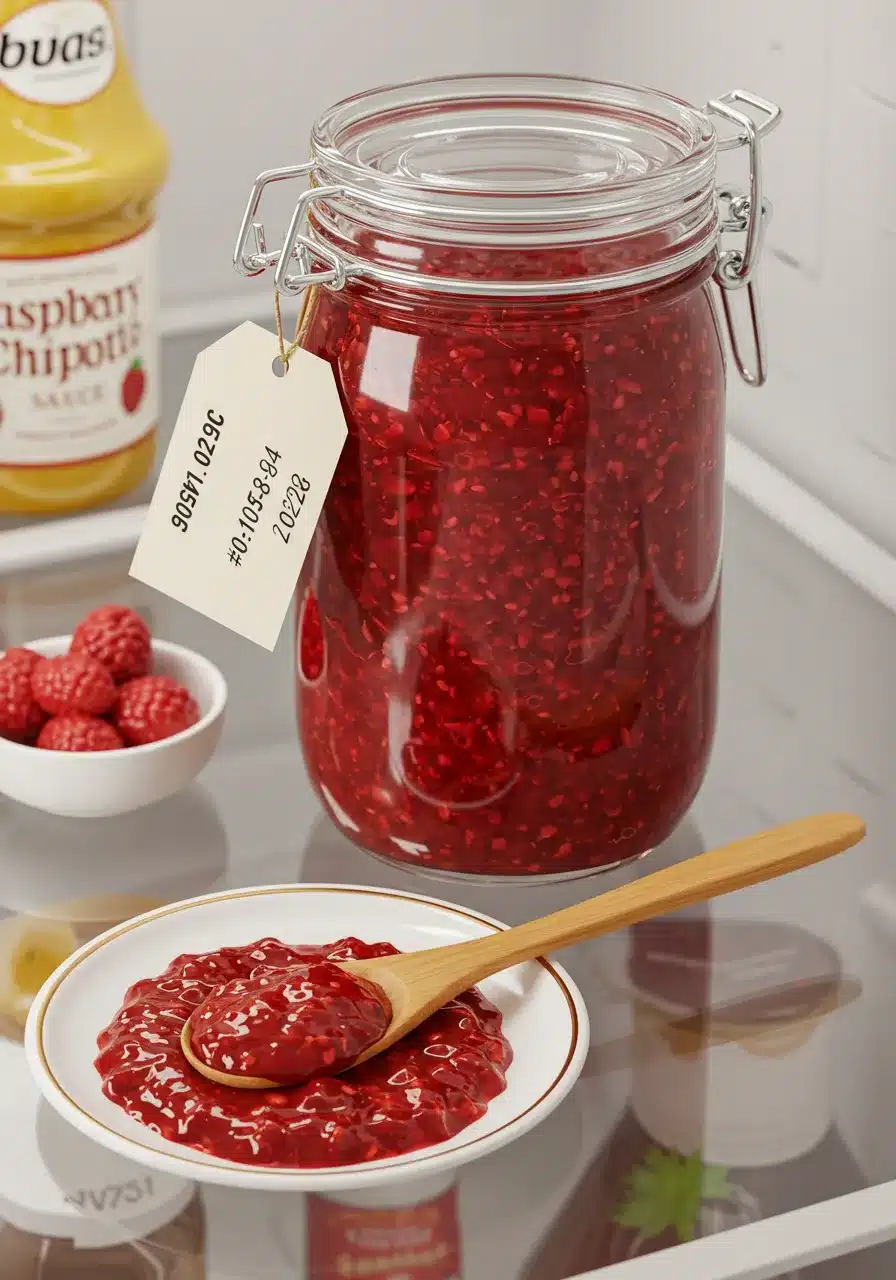 A sealed glass jar of homemade sauce stored in the refrigerator for freshness.