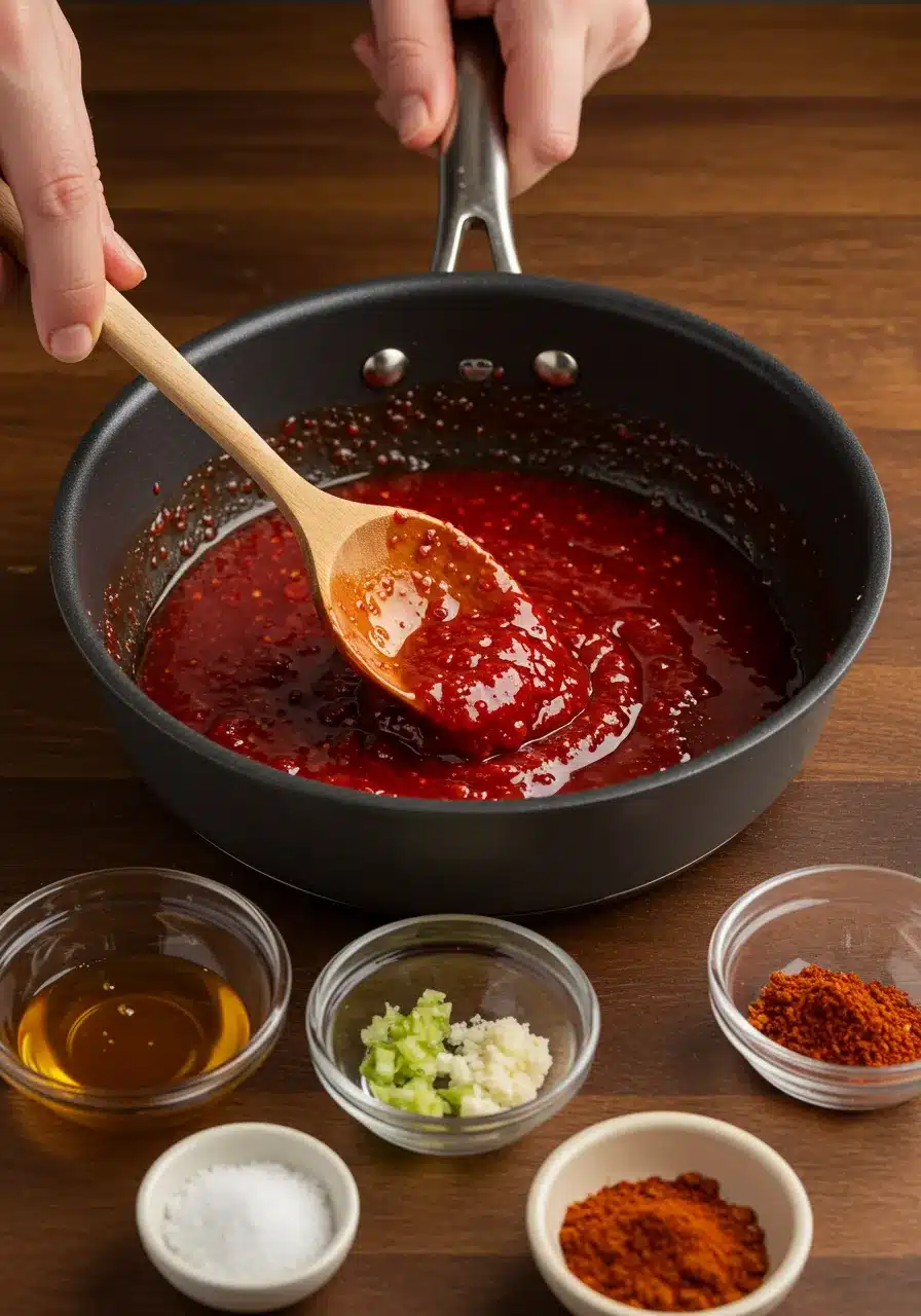 A thick and glossy spicy raspberry sauce being stirred in a pan with fresh ingredients like garlic, honey, and chili powder nearby.