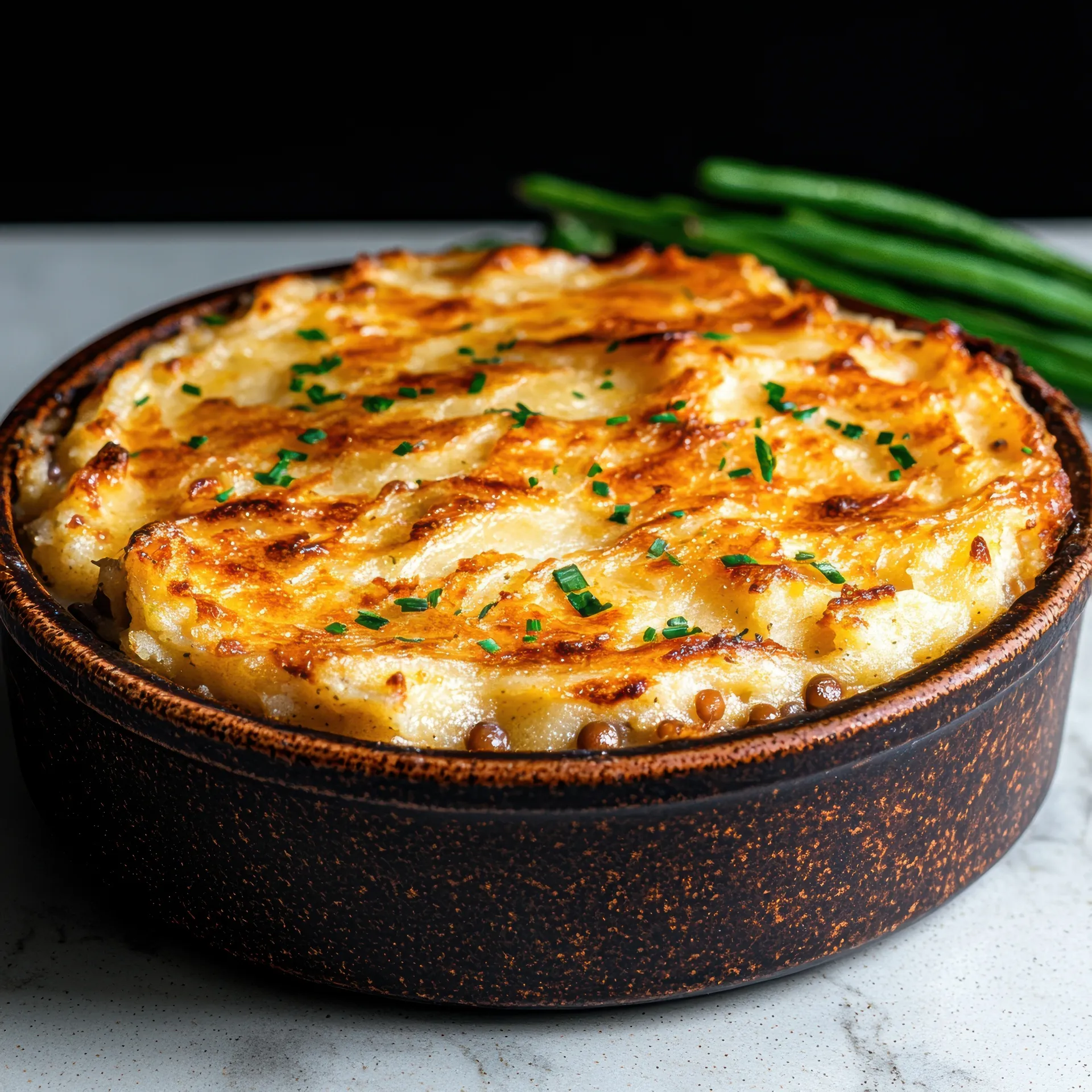 Golden-brown Starbucks Potato Bake Recipe in a rustic dish, topped with melted cheese and fresh chives.