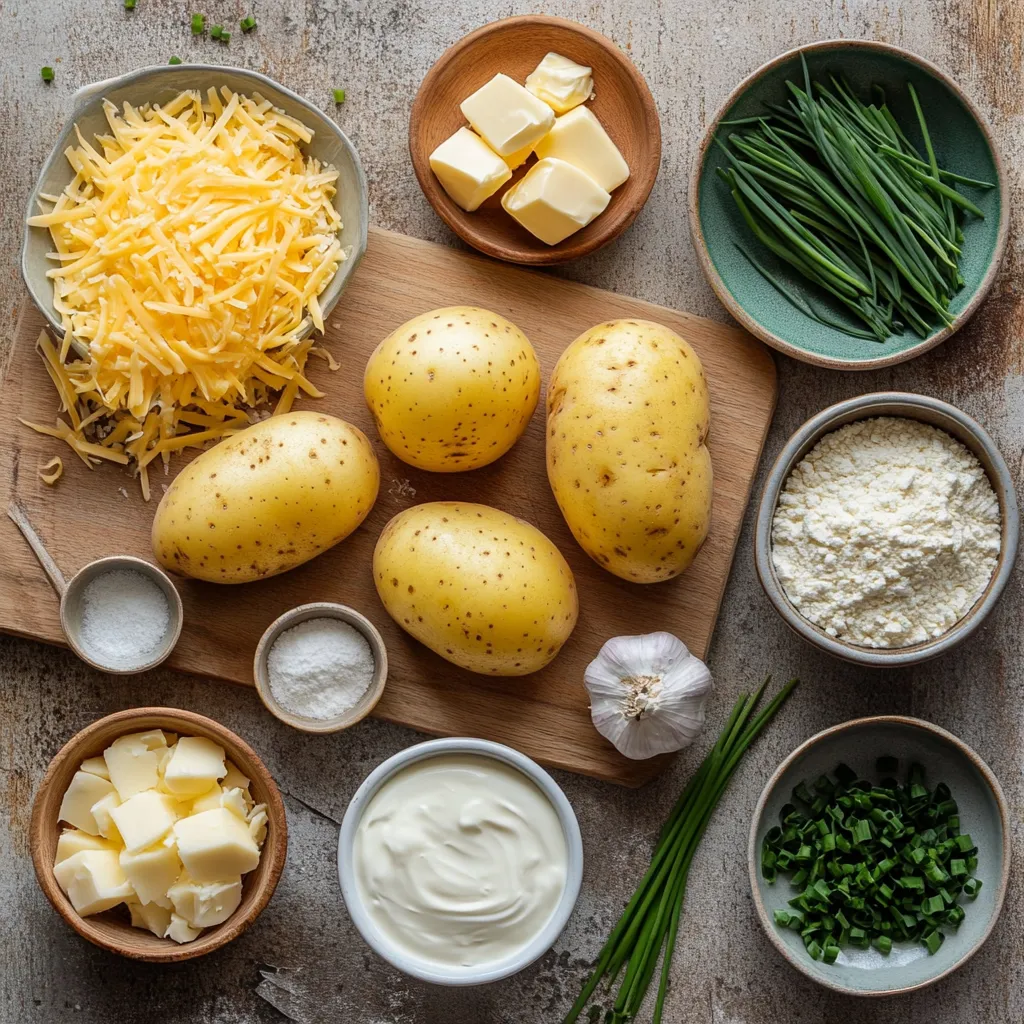 Fresh ingredients for Starbucks Potato Bake Recipe, including Russet potatoes, shredded cheddar cheese, butter, sour cream, chives, and seasonings