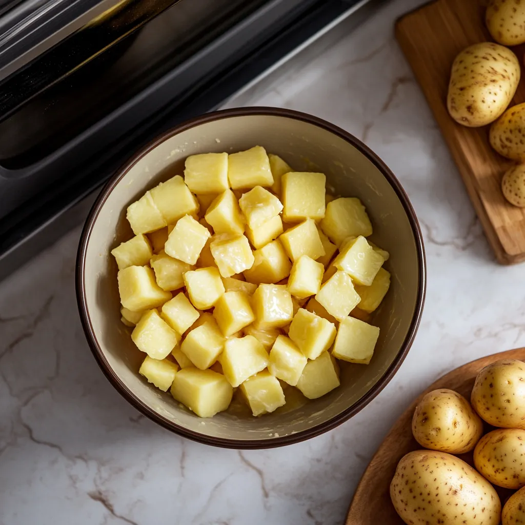 Diced Russet potatoes in a mixing bowl, ready for cooking in the Starbucks Potato Bake Recipe, with whole potatoes on a cutting board.