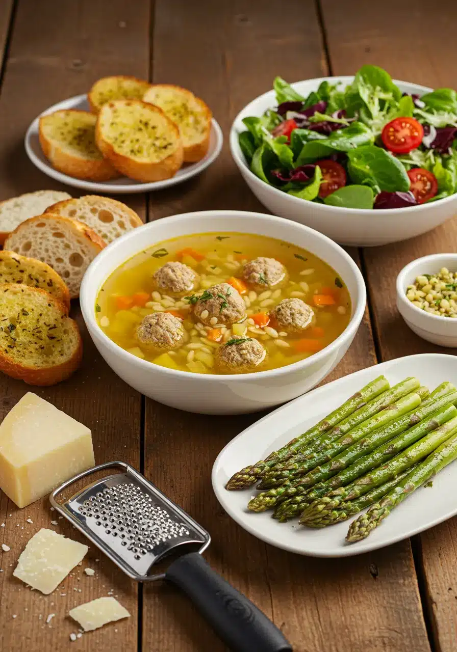 A bowl of homemade meatball soup served with garlic bread, roasted asparagus, and a fresh salad on a rustic wooden table.