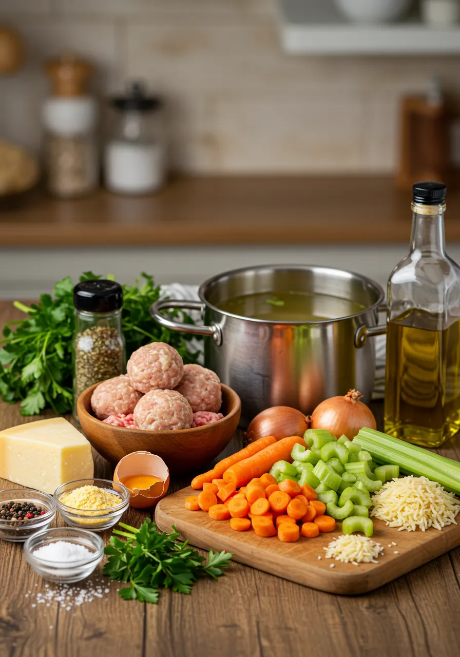 Fresh ingredients for Chickarina Soup, including meatballs, carrots, celery, onions, pasta, Parmesan, and seasonings, arranged on a wooden table.