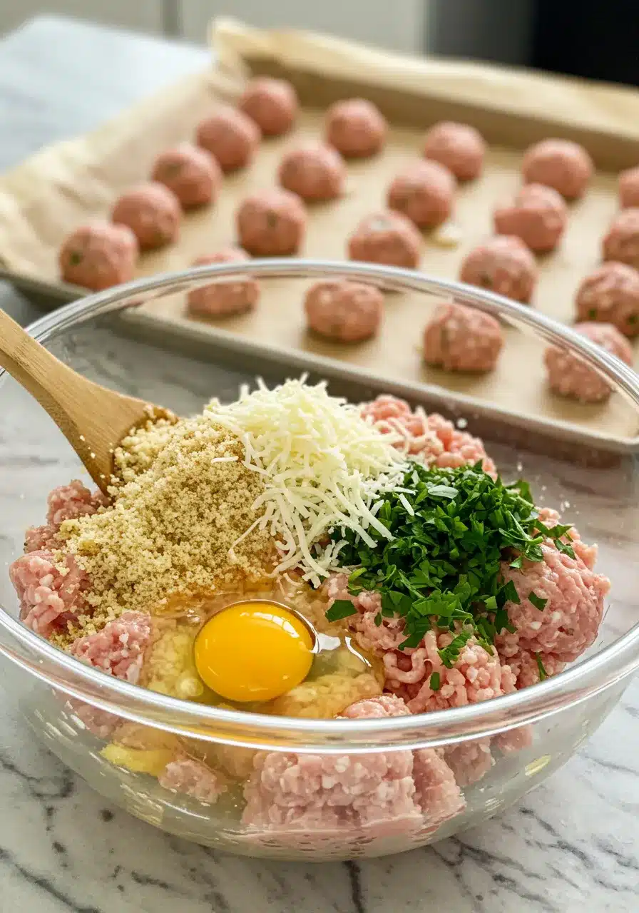 A glass bowl with ground chicken, breadcrumbs, egg, Parmesan, and parsley, ready to be mixed for homemade meatballs. A tray of rolled meatballs is in the background.