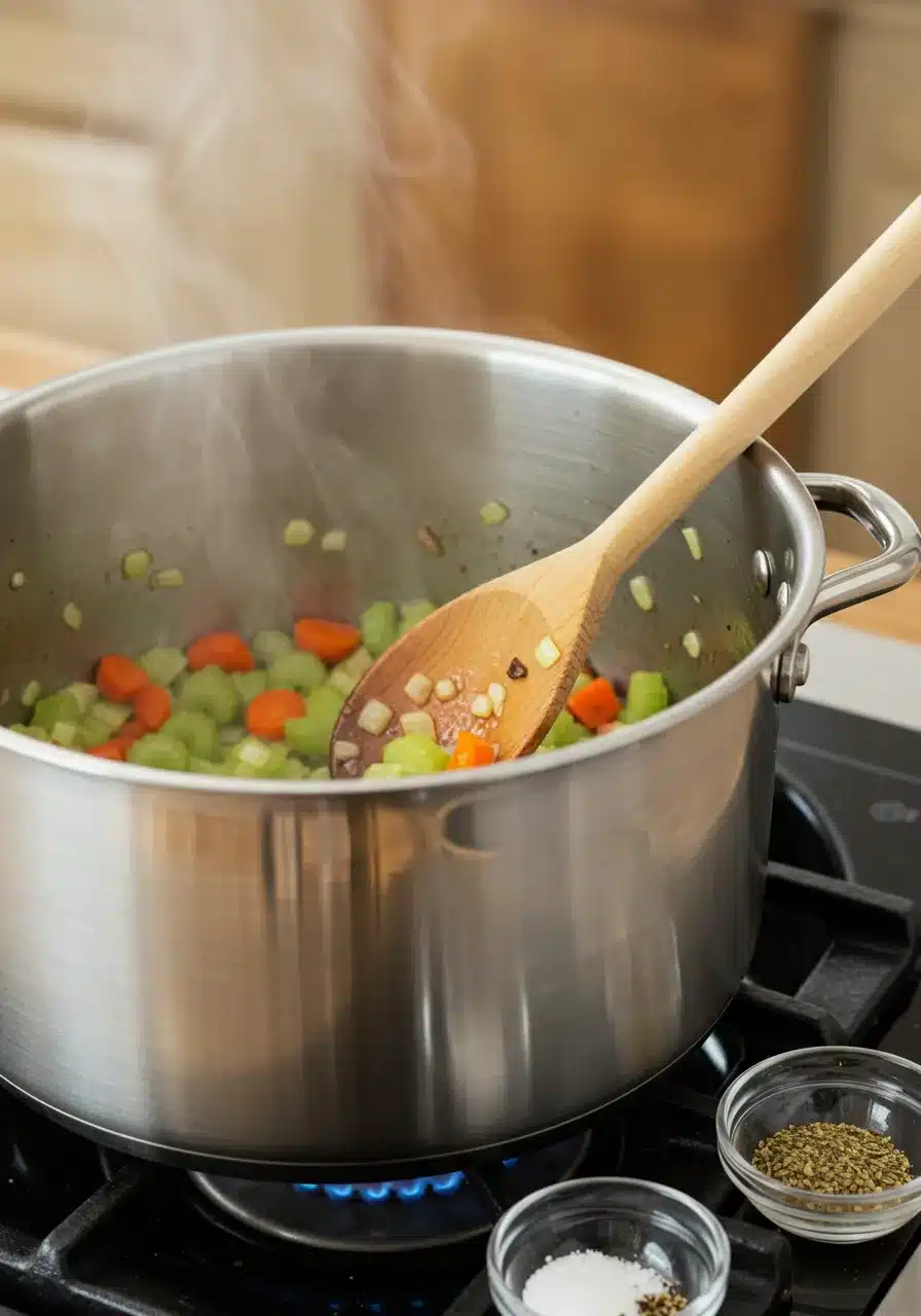 Chopped carrots, celery, and onions sautéing in a steaming pot on the stovetop, stirred with a wooden spoon.