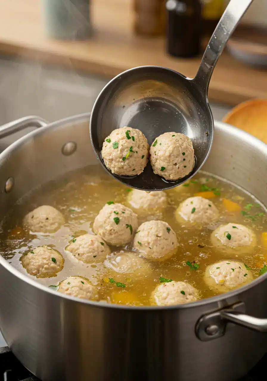 Simmering Chicken Meatballs in a Flavorful Broth A ladle lifting tender chicken meatballs from a steaming pot of golden broth with fresh herbs and vegetables.