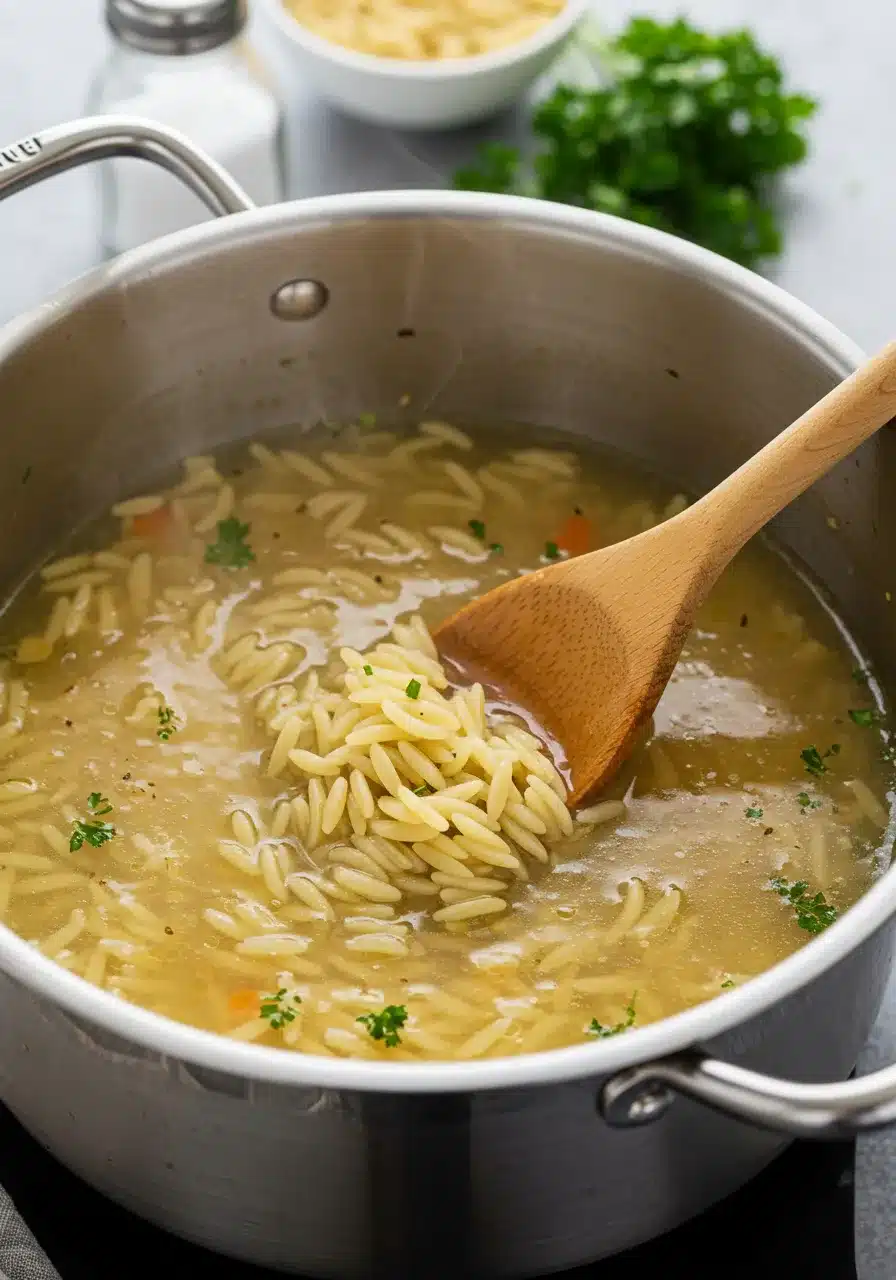 A steaming pot of broth with orzo pasta being stirred with a wooden spoon, garnished with fresh parsley.