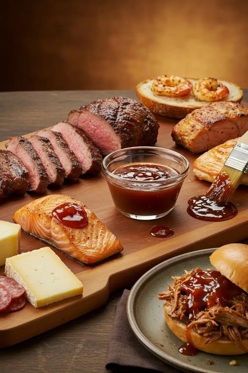 A variety of meats, seafood, and cheese served with a rich, tangy Southern-style sauce on a wooden board.