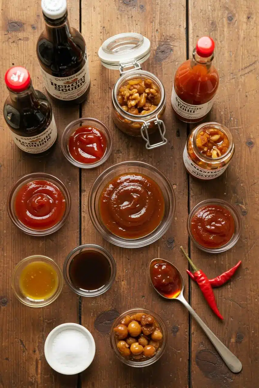  Ingredients for Henry Bain Sauce, including Worcestershire sauce, ketchup, chili sauce, pickled walnuts, and spices, arranged on a rustic wooden table.