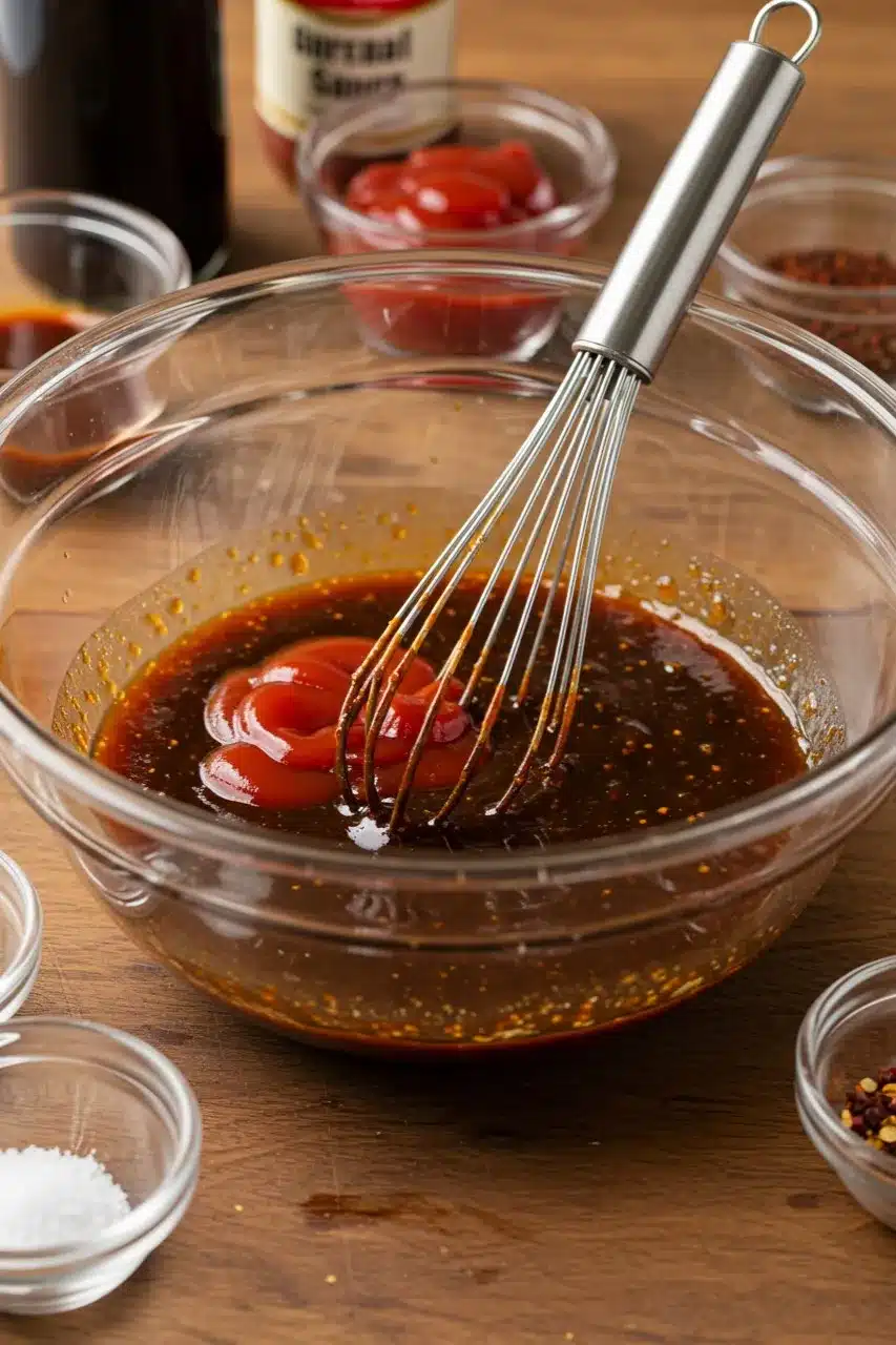A glass bowl with a whisk mixing Worcestershire sauce, ketchup, and spices to create a rich, tangy steak sauce.