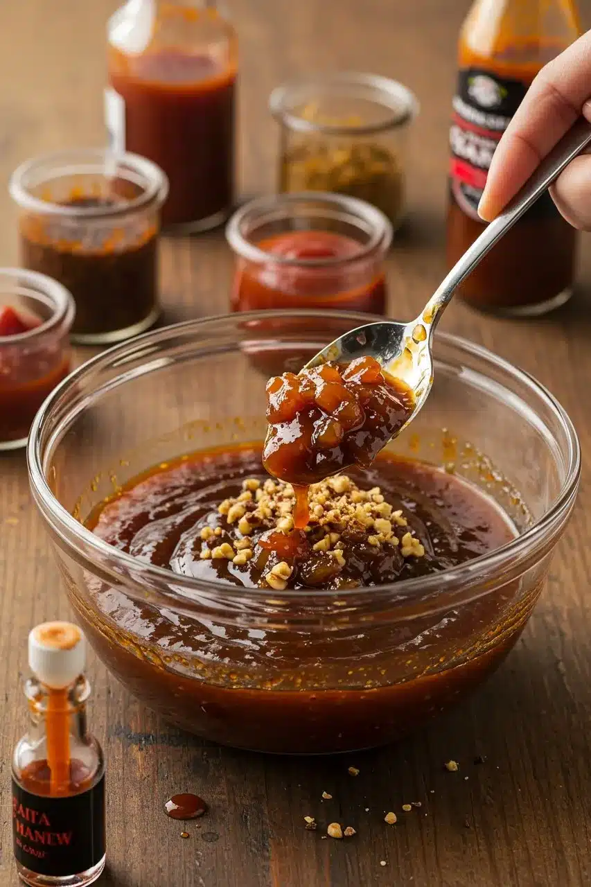 A spoon adding chutney and crushed walnuts to a bowl of rich, tangy homemade steak sauce. Title: Enhancing Homemade Steak Sauce with Chutney and Walnuts