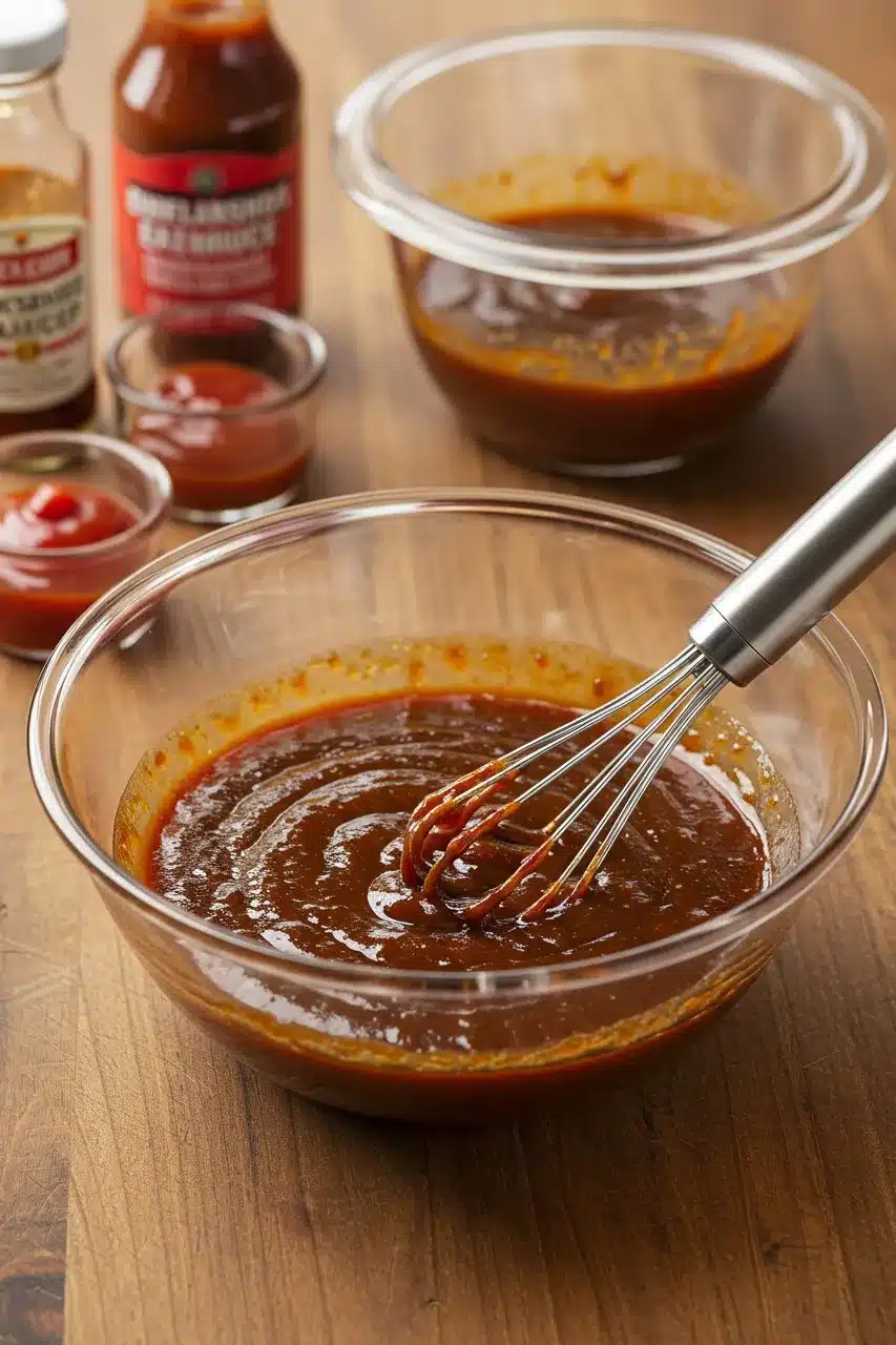 A whisk mixing a thick, glossy Southern-style meat sauce in a glass bowl, with ingredients in the background.