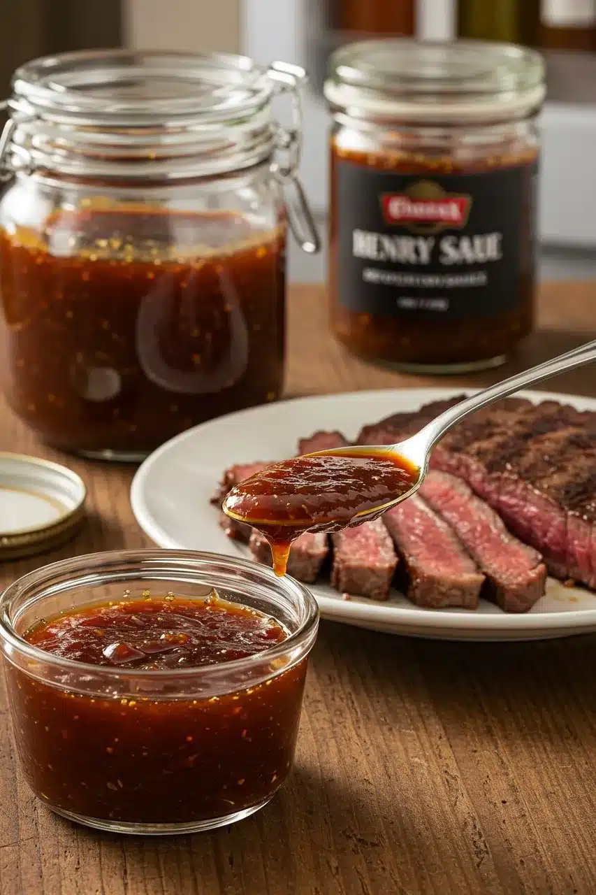 A spoonful of thick, savory steak sauce being lifted from a glass jar, with sliced grilled beef in the background.