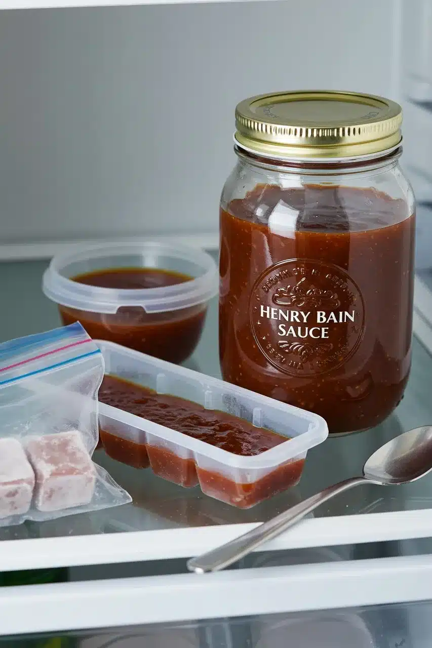 A jar of homemade Southern-style sauce stored in the refrigerator, with portions in a container and ice cube tray for freezing.