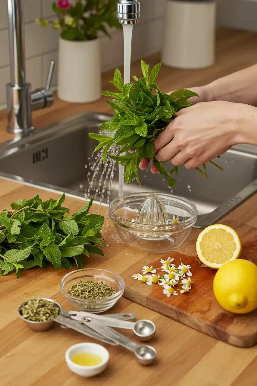 Fresh mint and chamomile being washed for a homemade herbal infusion, with lemons and dried herbs on a wooden countertop.