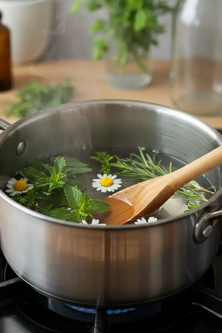 A saucepan simmering herbal cordial ingredients, including mint, chamomile, and rosemary, to extract natural flavors.