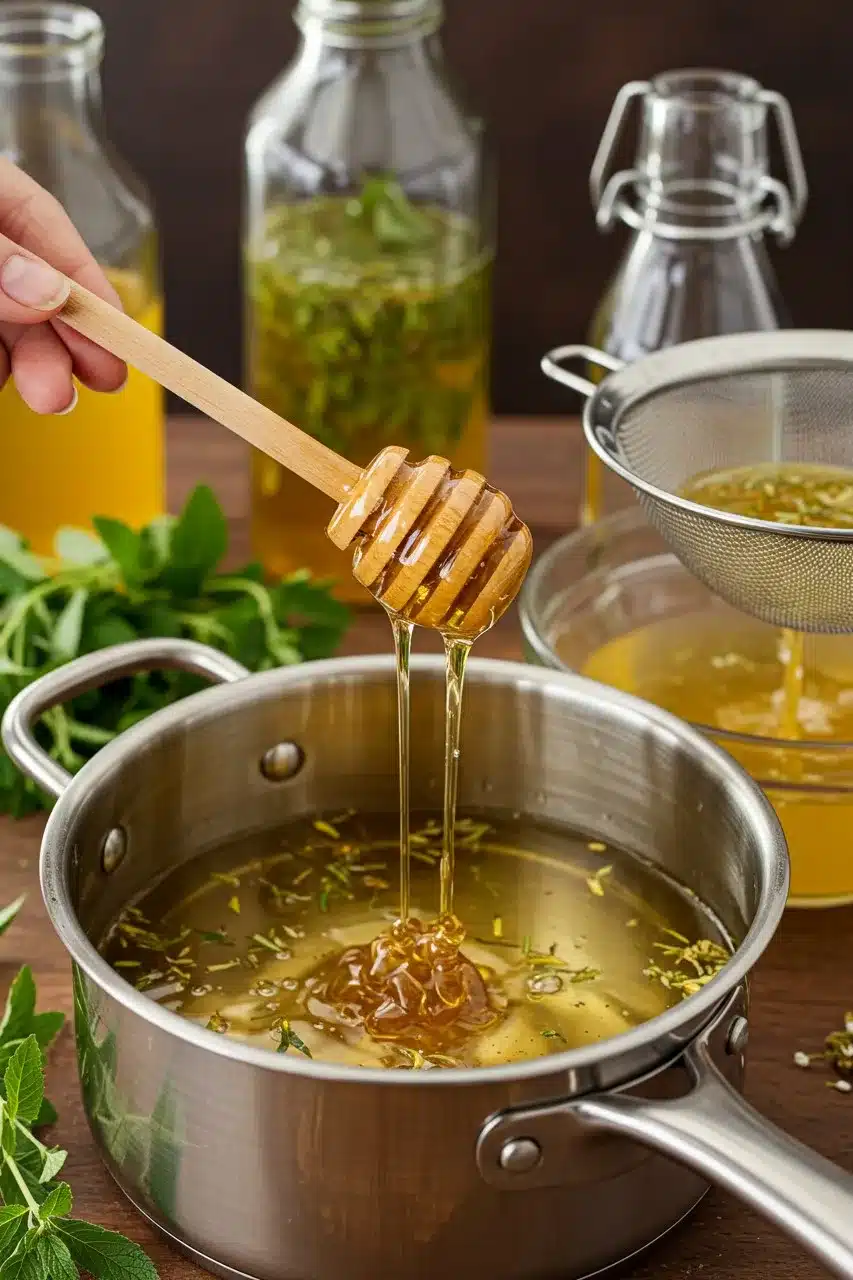 Honey being added to a simmering herbal elixir, enhancing the natural sweetness of the infusion.