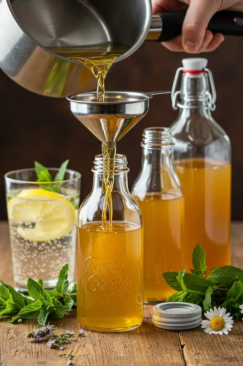 Pouring freshly strained homemade botanical syrup into sterilized bottles for storage.