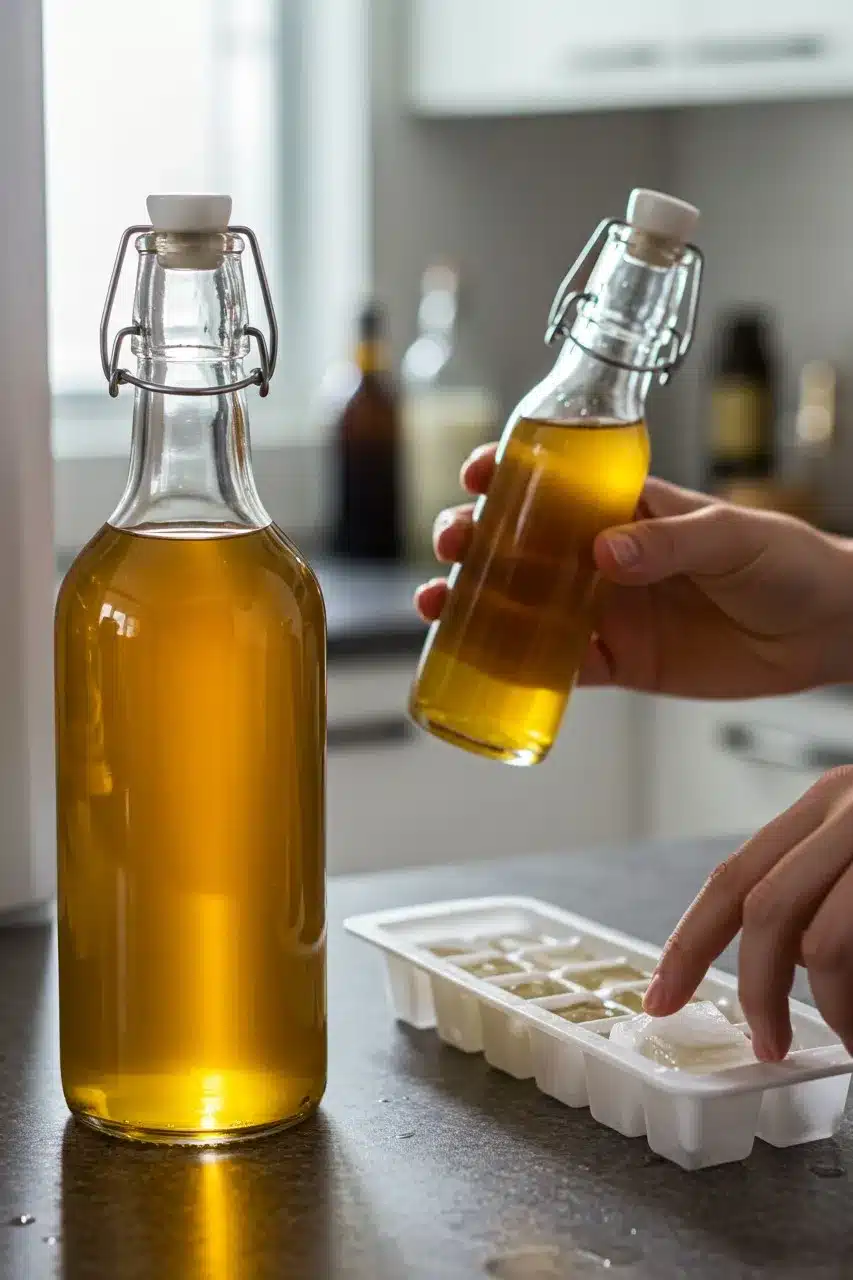 Glass bottles of plant-based cordial, with a person preparing ice cubes for long-term storage.